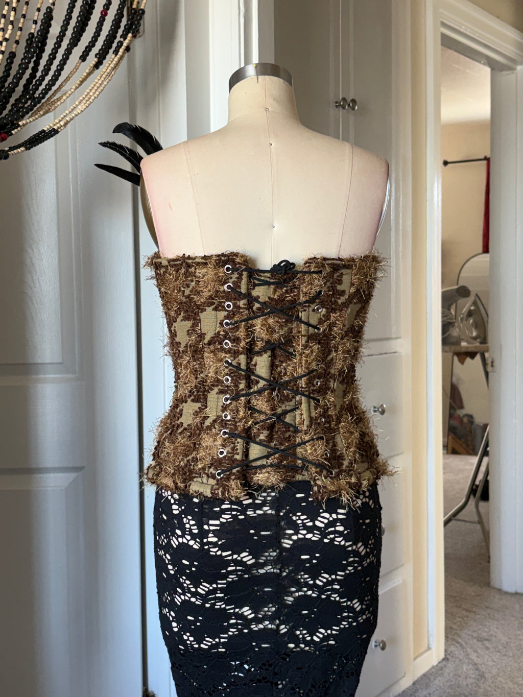 Houndstooth feather corset