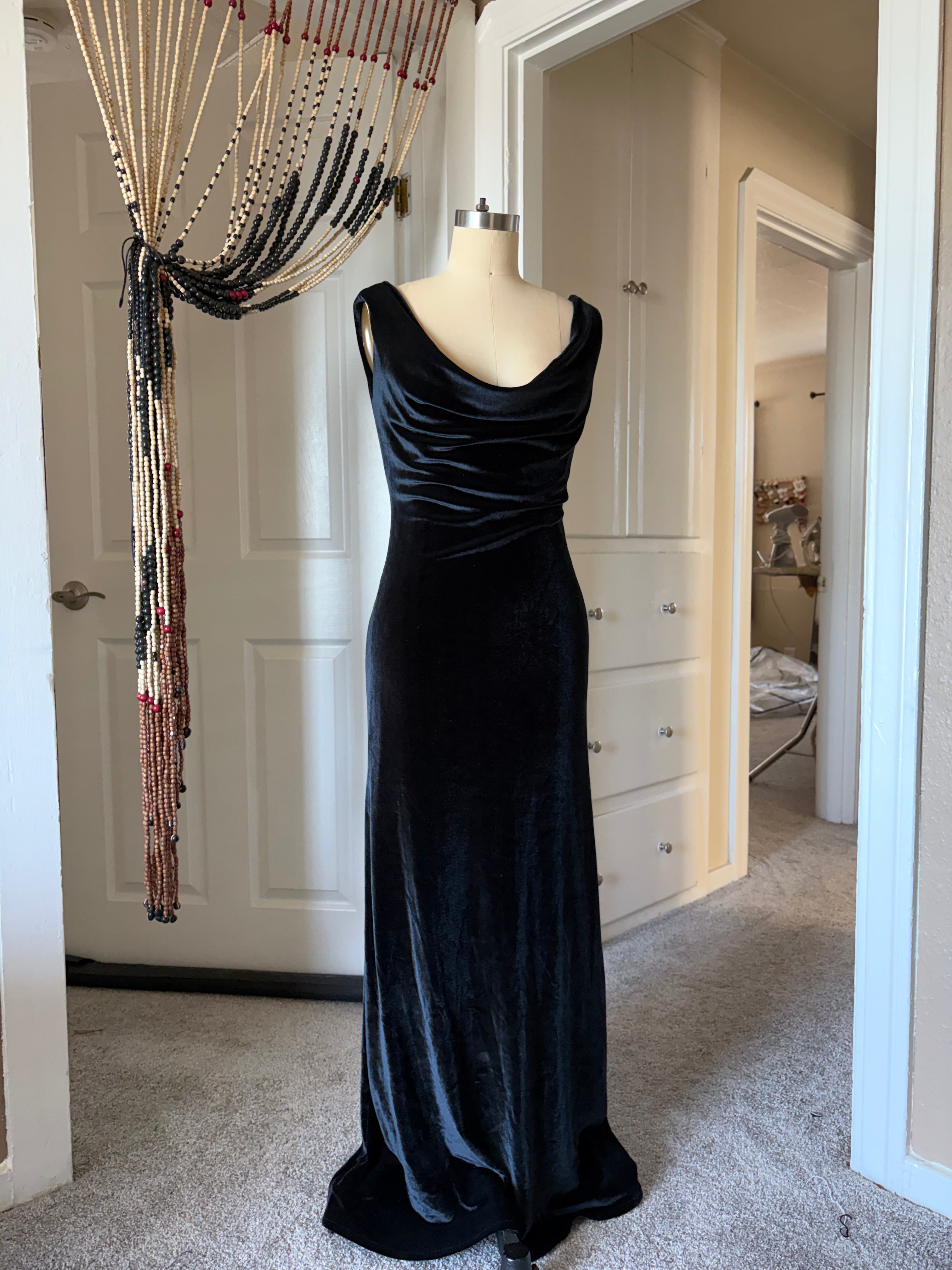 Black velvet cowl dress