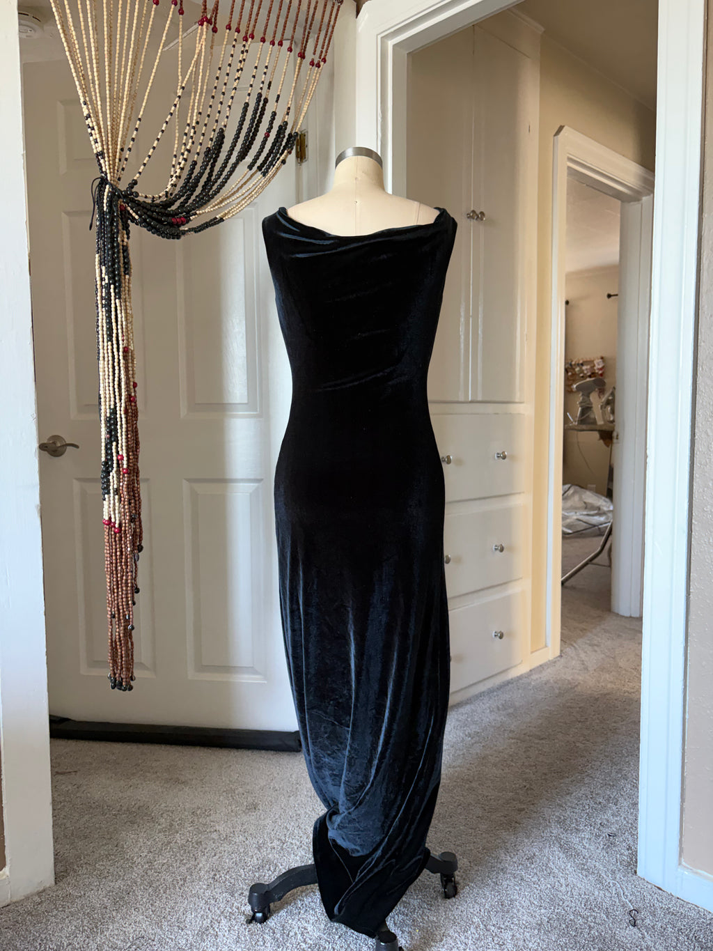 Black velvet cowl dress